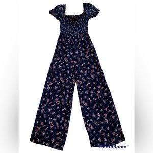 Miami Jumpsuit Smocked Short Sleeve Wide Leg Floral Blue Pink Women’s Medium